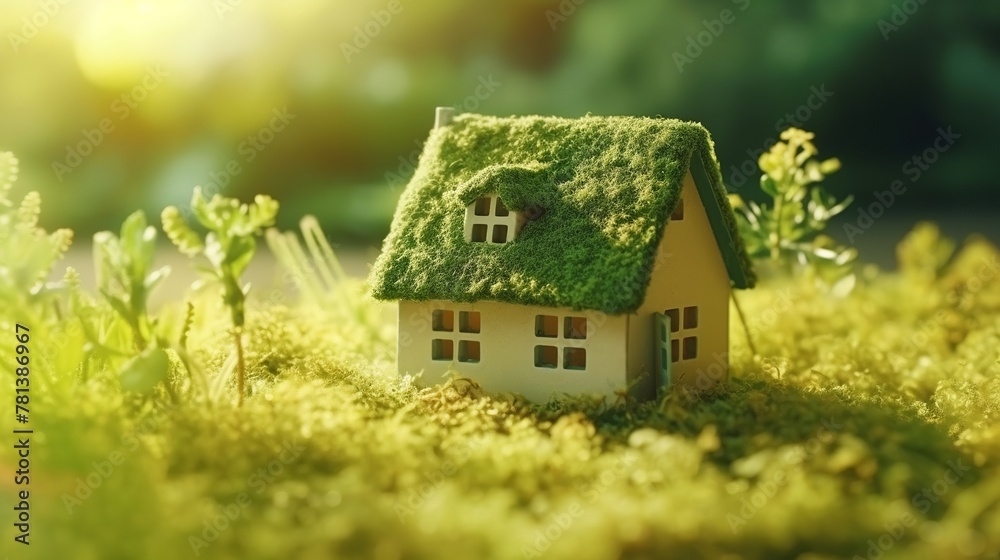 Miniature house on green moss background. Real estate and property concept.