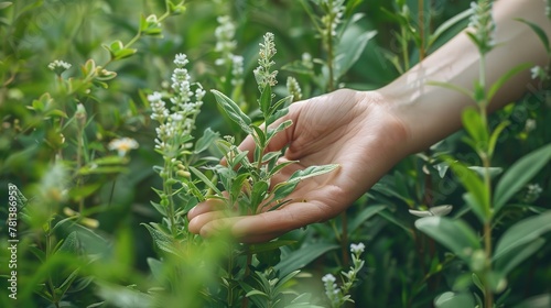 An ecologically sound nursery's green herbs garden encompasses the area where a lady agricultural individual is compiling mugwort, a relieving herb and space, Generative AI. photo