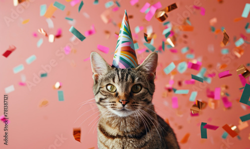 Happy cute cat a party hat celebrating at a birthday party, surrounding by falling confetti with copy space