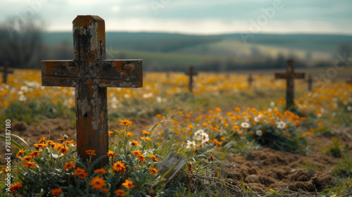 Cross Amid Field of Flowers With Hills in Background
