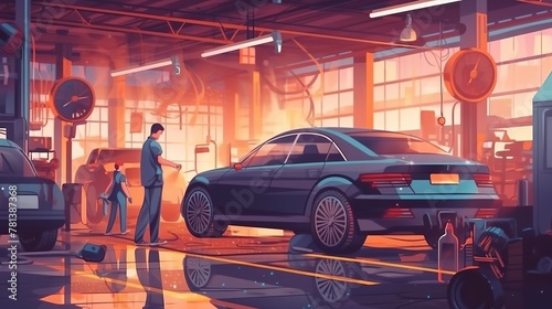 auto mechanic changing tire on car in auto repair shop garage, service and maintenance concept photo