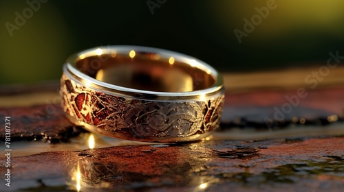 Wedding rings on a wooden surface. Close-up.