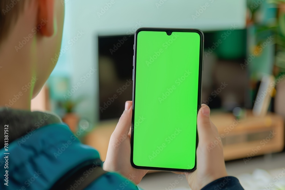 App mockup shoulder view of a teen boy holding an smartphone with a completely green screen App mockup shoulder view of a teen boy holding an smartphone with a completely green screen