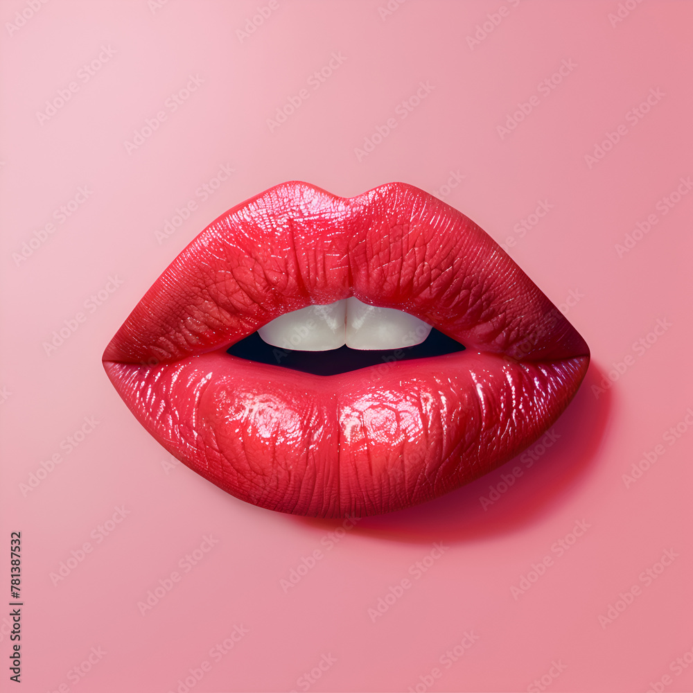 A close-up of a red lip with a pink background. The lip is shiny and full, with a hint of gloss. Concept of confidence and glamour, as the red lip is a bold. Generative AI - obrazy, fototapety, plakaty 