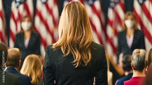 Back view of a person at political event with American flags. Public speaking concept for banner, poster. photo