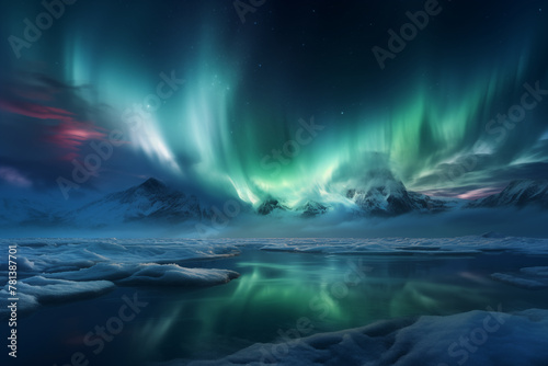 Mystical aurora borealis over icy landscape