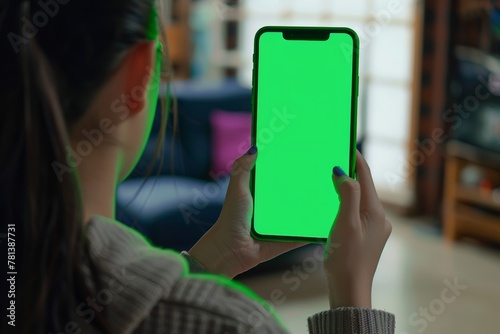 Digital mockup over a shoulder of a teen girl holding an smartphone with a completely green screen