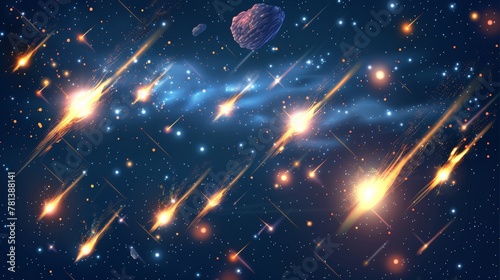 Realistic 3D modern illustration showing meteor rain in the universe, with star dust, and comets shooting into space. Fireballs falling with glowing trails. Meteorites on transparent background.