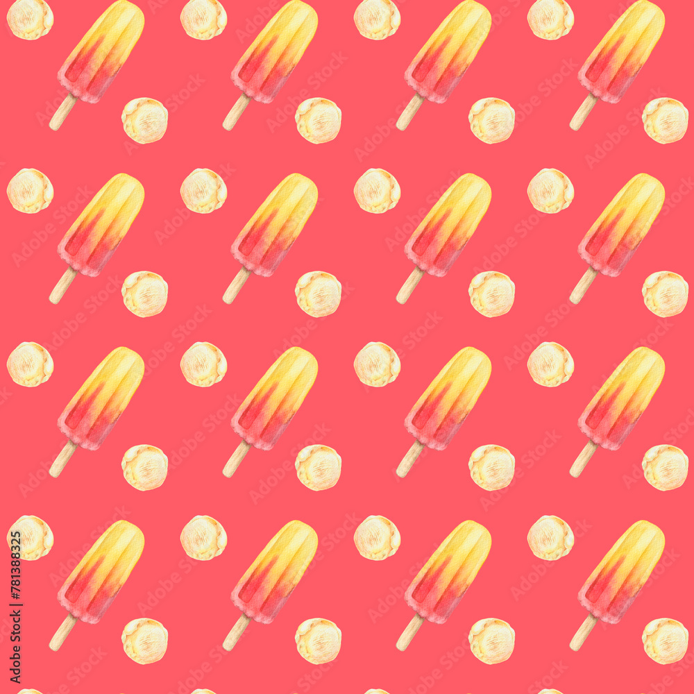 Ice Cream seamless pattern with fruit ice popsicle and vanilla scoop with a sweet pink background. Hand painted watercolor food illustration with summer desserts for product design, fabric and paper. Ice Cream seamless pattern with fruit ice popsicle and vanilla scoop with a sweet pink background. Hand painted watercolor food illustration with summer desserts for product design, fabric and paper.