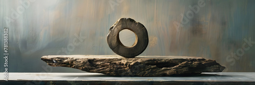 An artistic still life photograph featuring a piece of wood with a perfectly circular hole in the center placed on a table. The natural material and symmetry create a visually intriguing composition