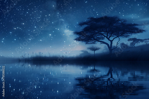 Craft an abstract AI image portraying the nocturnal serenity of the African wetlands, where tranquil waters mirror the vast expanse of the starry sky, and elusive creatures glide silently beneath © Izhar