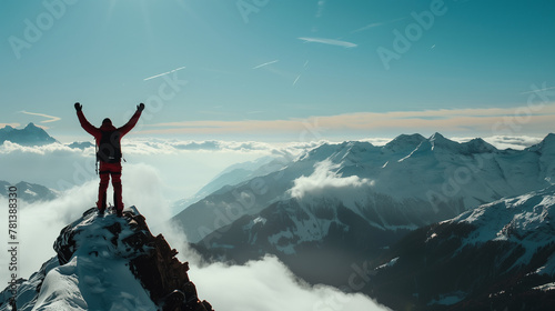 a person raising hands on the top of the mountain, achievement or success concept  photo