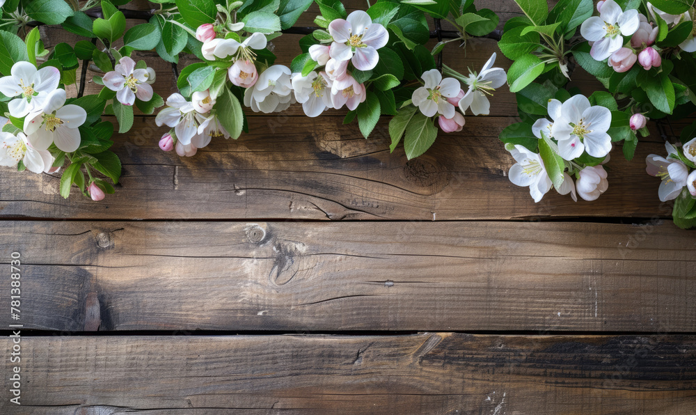 Spring apple blossoms flowering branch on wooden background with copy space Spring apple blossoms flowering branch on wooden background with copy space