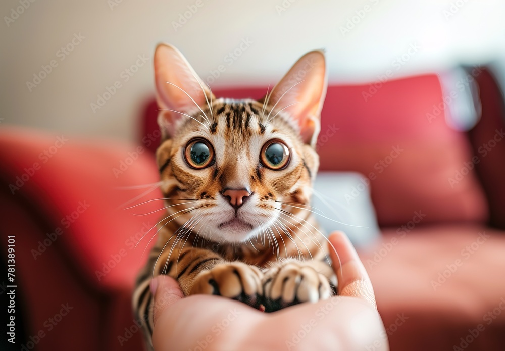 An adorable Bengal kitten with striking green eyes is gently held in one's arms, capturing a moment of innocence and curiosity.