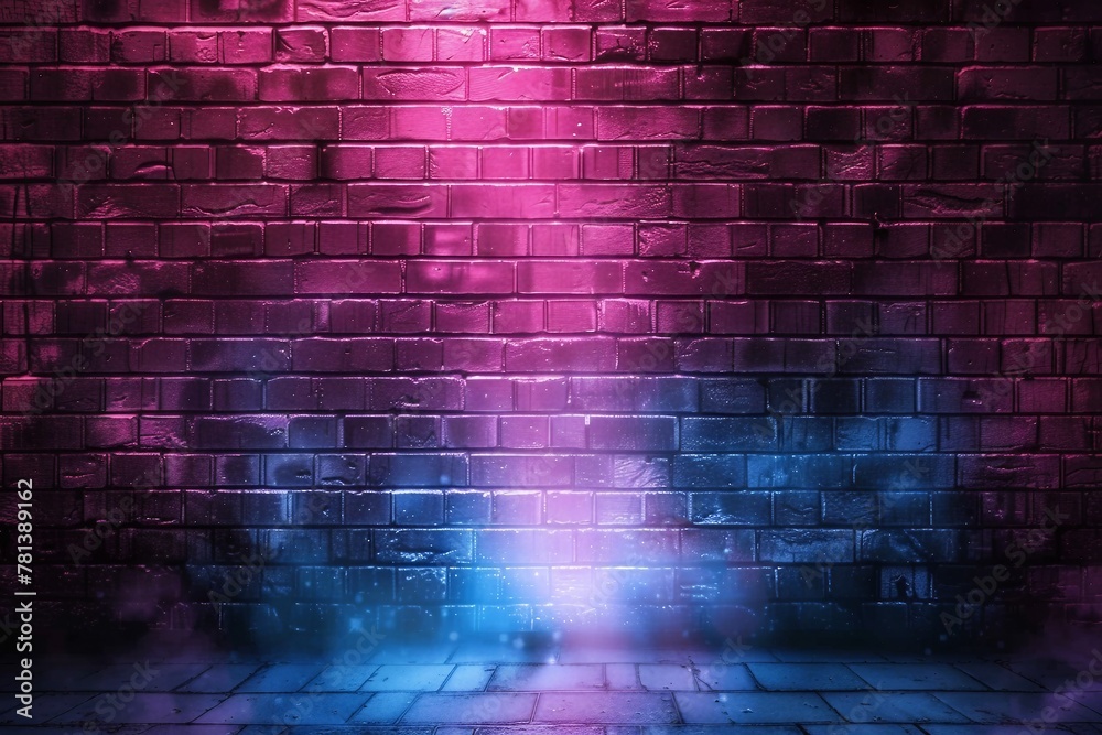 Rays neon light on neon brick wall. Empty scene. generative ai. Rays neon light on neon brick wall. Empty scene. generative ai.
