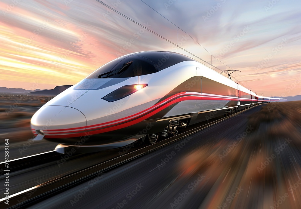 Futuristic high-speed train racing through a picturesque desert landscape at sunset, capturing the essence of speed and modern transport