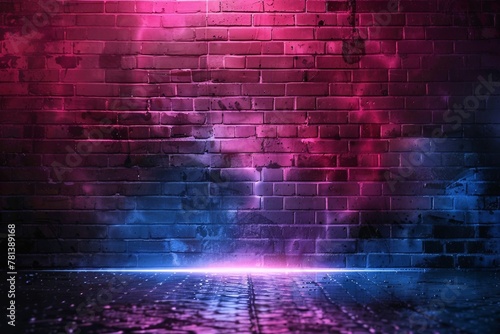 Rays neon light on neon brick wall. Empty scene. generative ai.