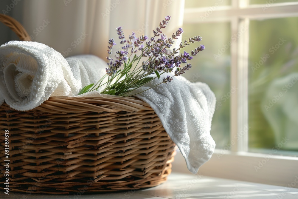 Wicker laundry basket with folded towels and a sprig of lavender, adding a touch of relaxation to the chore Wicker laundry basket with folded towels and a sprig of lavender, adding a touch of relaxation to the chore