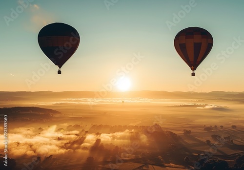 Hot air balloon adventure over foggy landscape, aerial view of calm morning landscape © Яна Деменишина