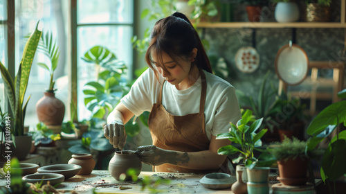 Focused Artist Shaping Clay on Pottery Wheel in Plant-Filled Studio Space