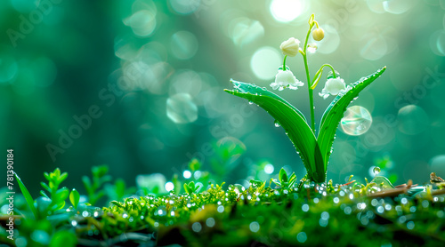 A lily of the valley flower sprouting from moss in macro photography with a blurry background. Water drops on leaves with blurred greenery in the background creating a bokeh effect with depth of field
