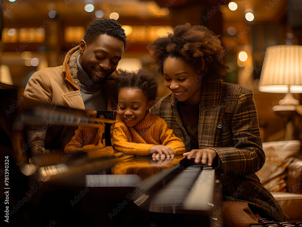 Smiling African American family enjoying piano time at home