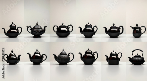 Row of Black Teapots on Table