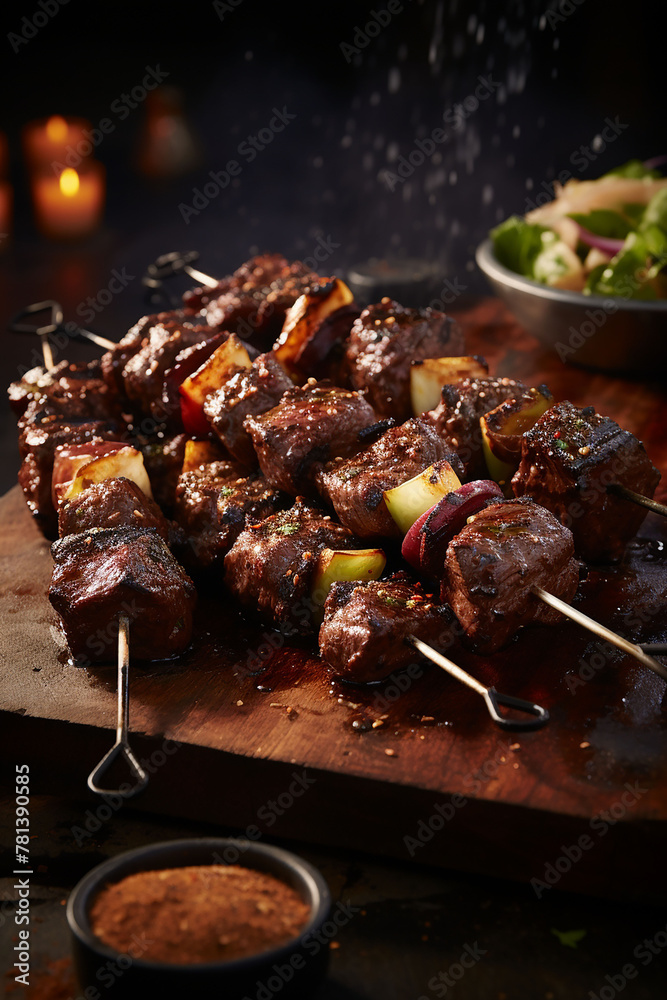 Delicious bbq grilling on kitchen. food festival tasty food roasting on skewers, food court. AI