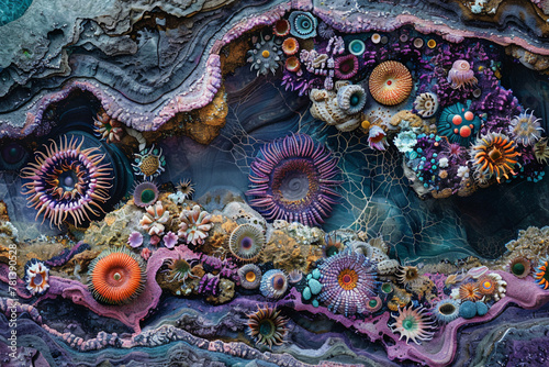 Craft an AI-generated image of the abstract beauty of a rocky tide pool beach, with clusters of vibrant sea anemones, intricate tidal patterns, and hidden treasures waiting to be discovered beneath