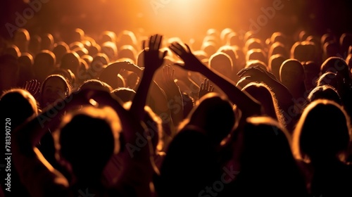 Crowd cheering at a concert in front of a big city.