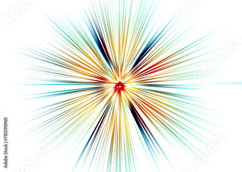 Abstract surface of radial zoom blur in blue, red, orange tones on white background. Bright background with radial, diverging, converging lines.
