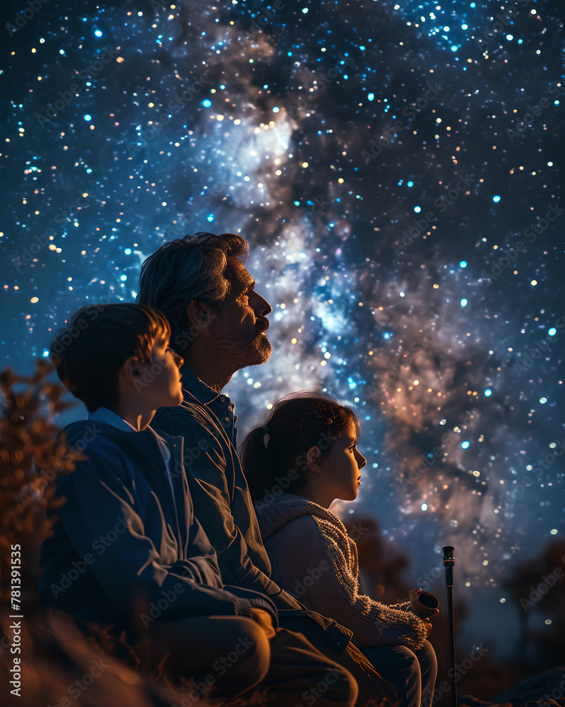 Father and sons gaze at starry sky and Milky Way galaxy Father and sons gaze at starry sky and Milky Way galaxy