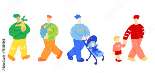 子育てパパのカラフルなフラットイラストセット