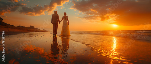 Silhouette of bride and groom walking on beach at sunset