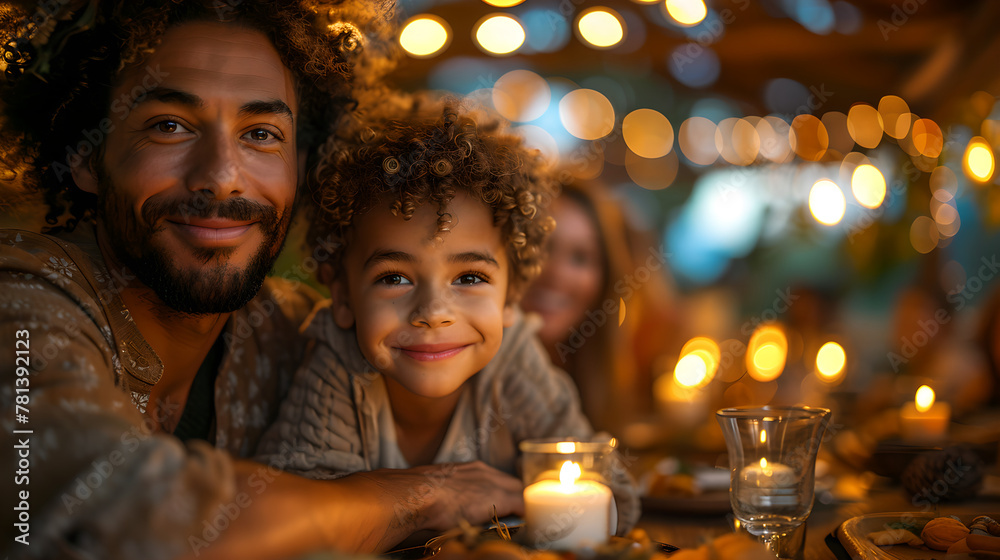 Smiling father and son enjoying candlelit dinner outdoors