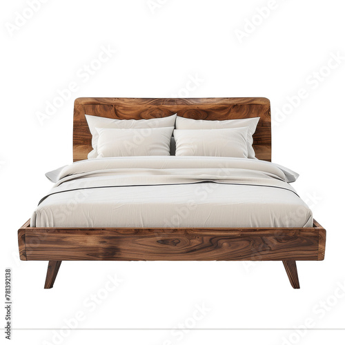 Modern Kingsize brown sleeping bed with white bed linen on the transparent background photo