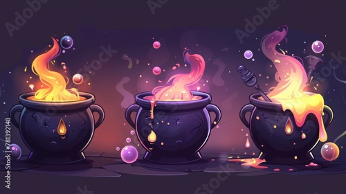 Boiling magic potions, poison, and love elixir on black cauldrons, a witch is cooking using boiling boilers and scary potion with eyeballs and bubbles, modern cartoon set isolated on white.