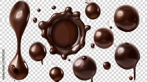 Smudges of caramelized chocolate spherical textured spots on a transparent background. Dark brown liquid glossy ganache sauce blobs, realistic 3D modern set.