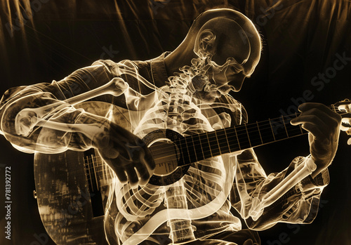 X-ray image of a guitarist playing, showcasing bones and muscles. photo
