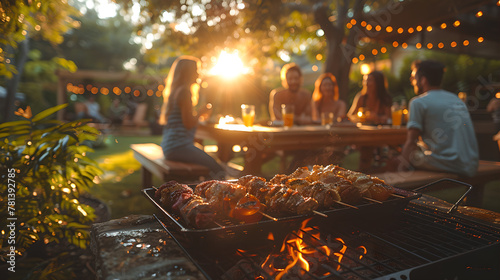 Group of friends enjoying outdoor summer barbecue party at sunset