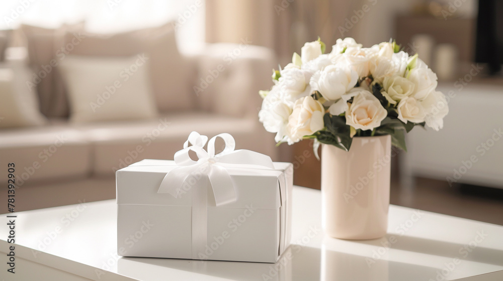Fototapeta premium Simple and elegant white gift box with a vase of white roses