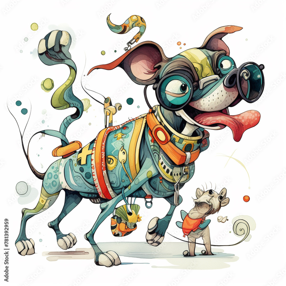 Whimsical illustration of a cartoon dog in a spacesuit with a tiny canine companion Whimsical illustration of a cartoon dog in a spacesuit with a tiny canine companion