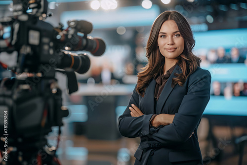 A female TV news anchor in a studio. AI generative photo