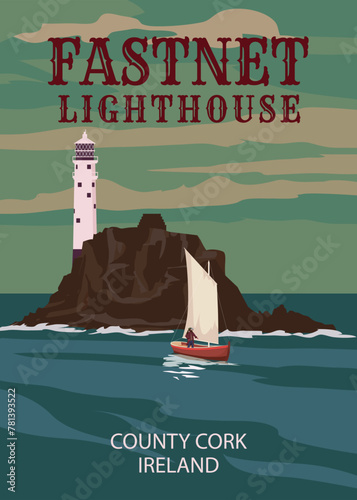 Travel retro poster Fastnet Lighthouse Cape Clear West Cork Ireland © hadeev