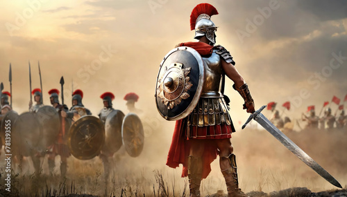 Roman male legionary (legionaries) wear helmet with crest, gladius sword and a scutum shield, heavy infantryman, soldiers on battlefield of the army of the Roman Empire, on Rome empire background. photo