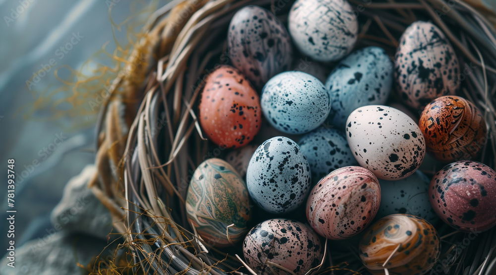 Obraz premium Colored eggs in a nest, Easter holiday 