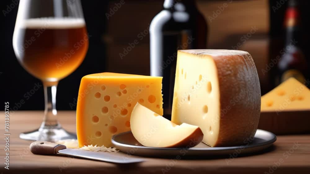 Pieces of cheese piece on wooden table with glass of beer on background. Pieces of cheese piece on wooden table with glass of beer on background.
