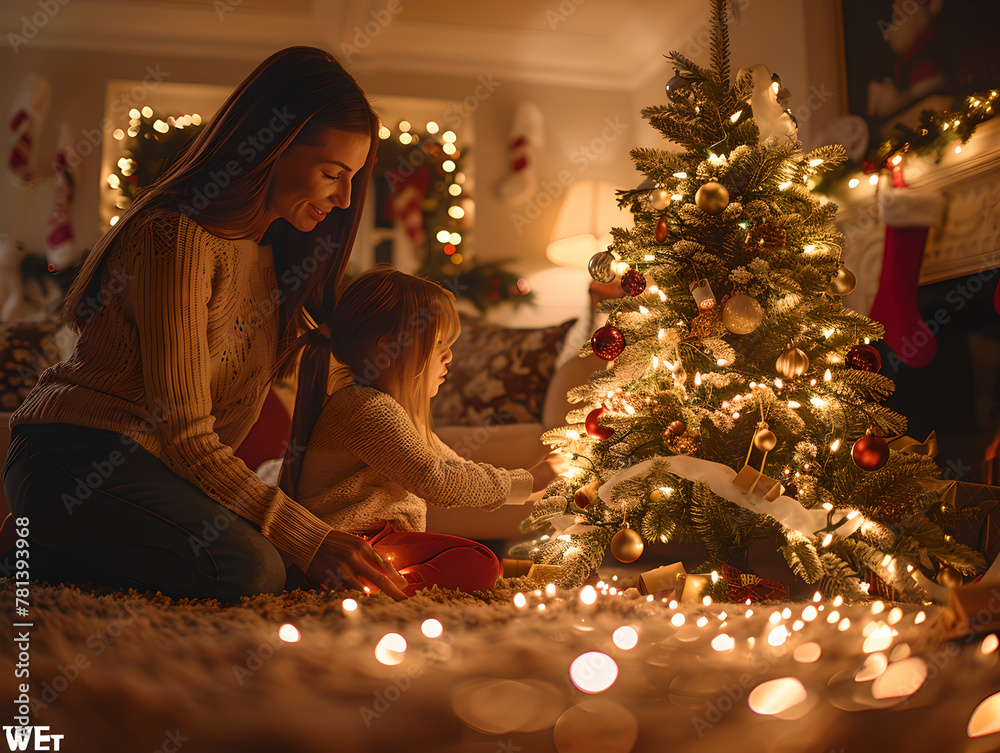 Mother and daughter decorating Christmas tree at home