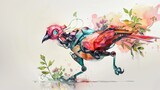 Colorful watersplash Robotic Bird with Floral Elements Artwork. Generative AI