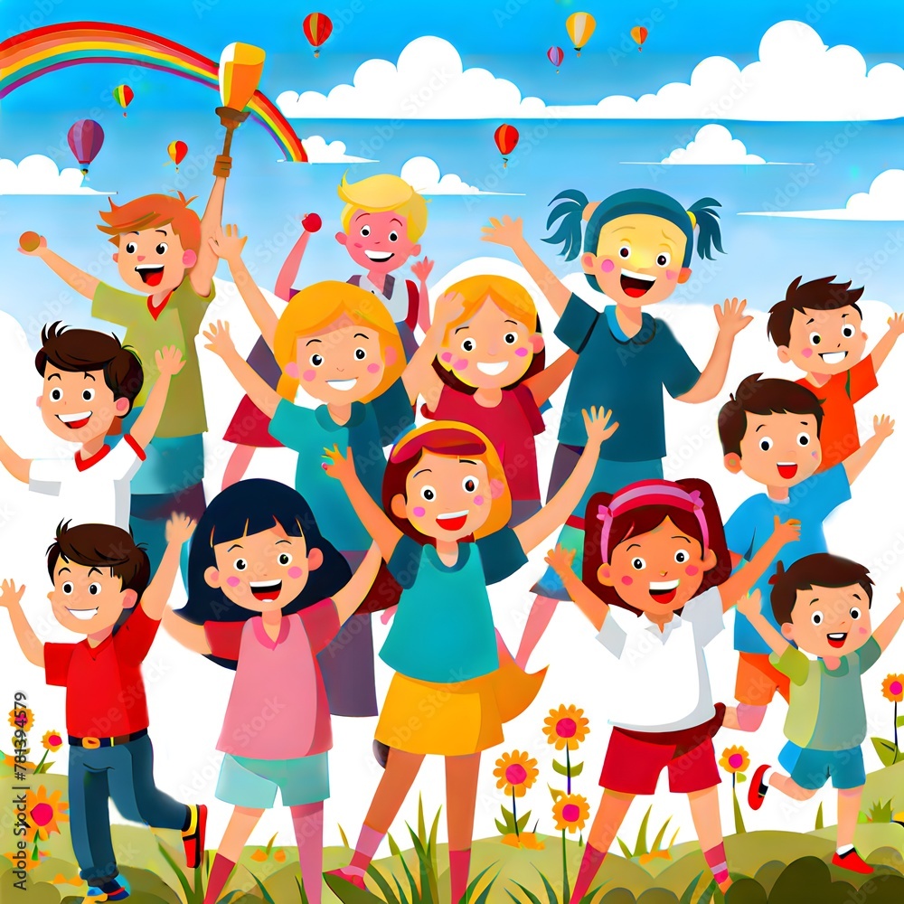Happy children with balloons on the Children's Day holiday
